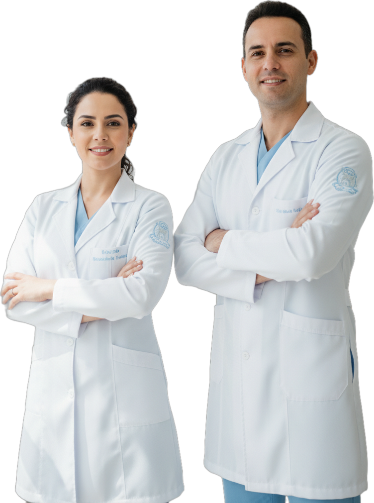 Dentista e dentista de jaleco, lado a lado